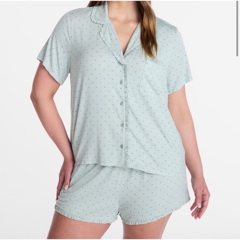 Joyspun Pajama Set Women 2X Green‎ Polka Dot Ruffle Trim 2pc Modal NEW